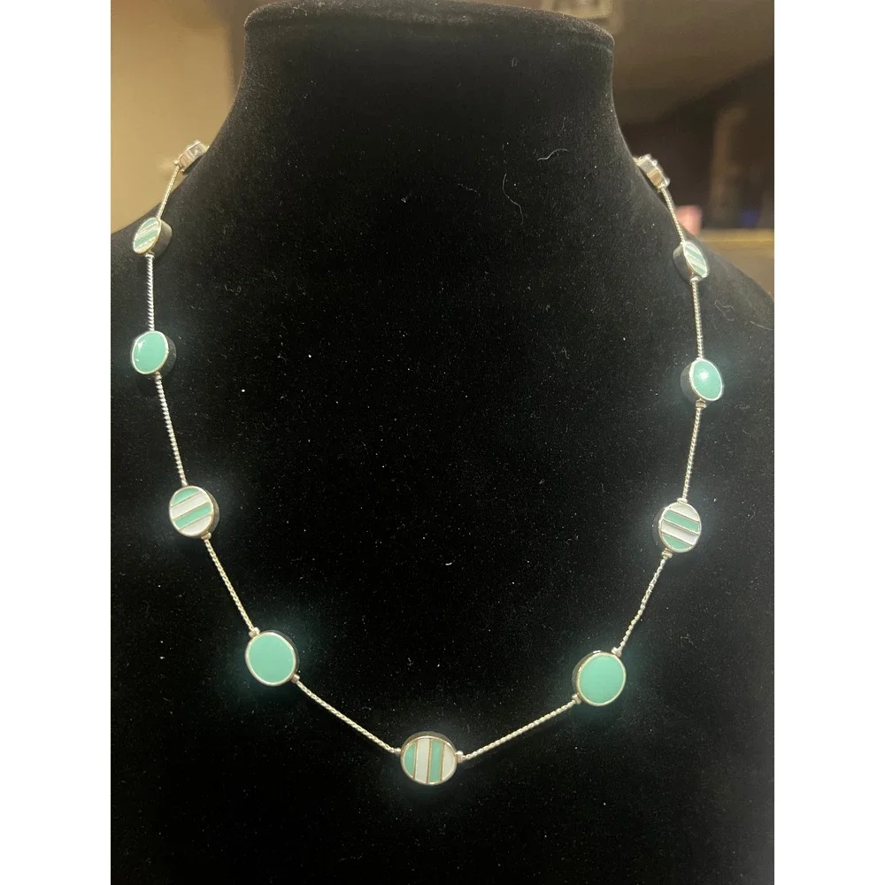 Mint Green White Striped Station‎ Necklace Round Enamel 18-20
